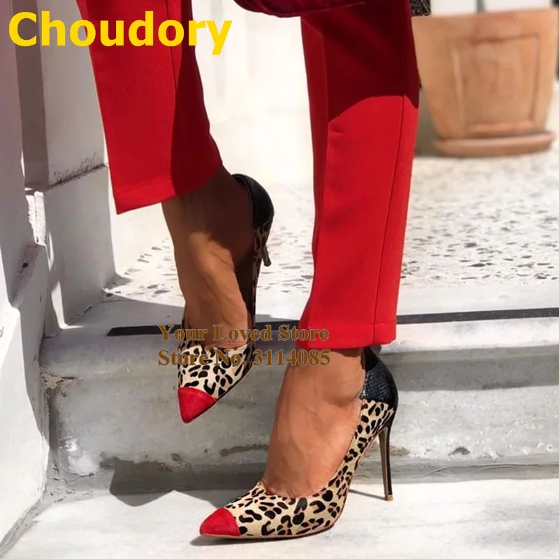 黑色蛇纹后跟豹纹红色尖头单鞋 (2)