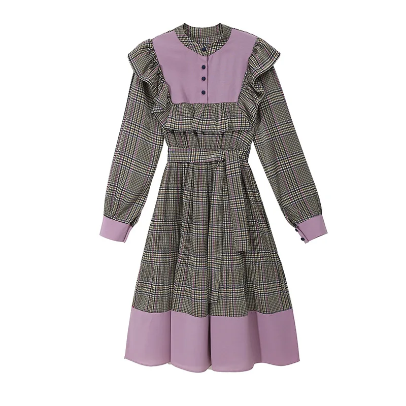 XITAO Ruffle Plaid Pleated Dress Women Fashion New Winter Bandage Patchwork Pullover Small Fresh Minority Dress XJ2820 - Color: purple     XJ2820