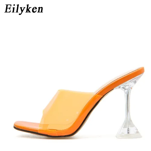 Orange Eilyken, новинка, модный, из ПВХ, прозрачный тапочки с украшением в виде кристаллов из органического материала на высоком каблуке; пикантные женские босоножки; открытый носок; Летние Для женщин для ночного клуба; босоножки женские туфли-лодочки - Цвет: Orange