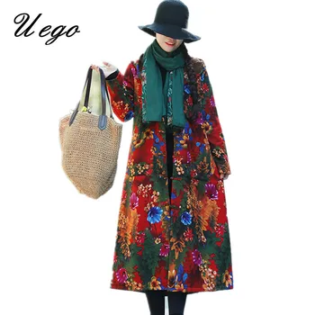 

Uego Thicken Fleece Warn Winter Coats Single Breasted Cotton Print Floral Vintage Outerwear Women Coat Hooded Casual Winter Coat