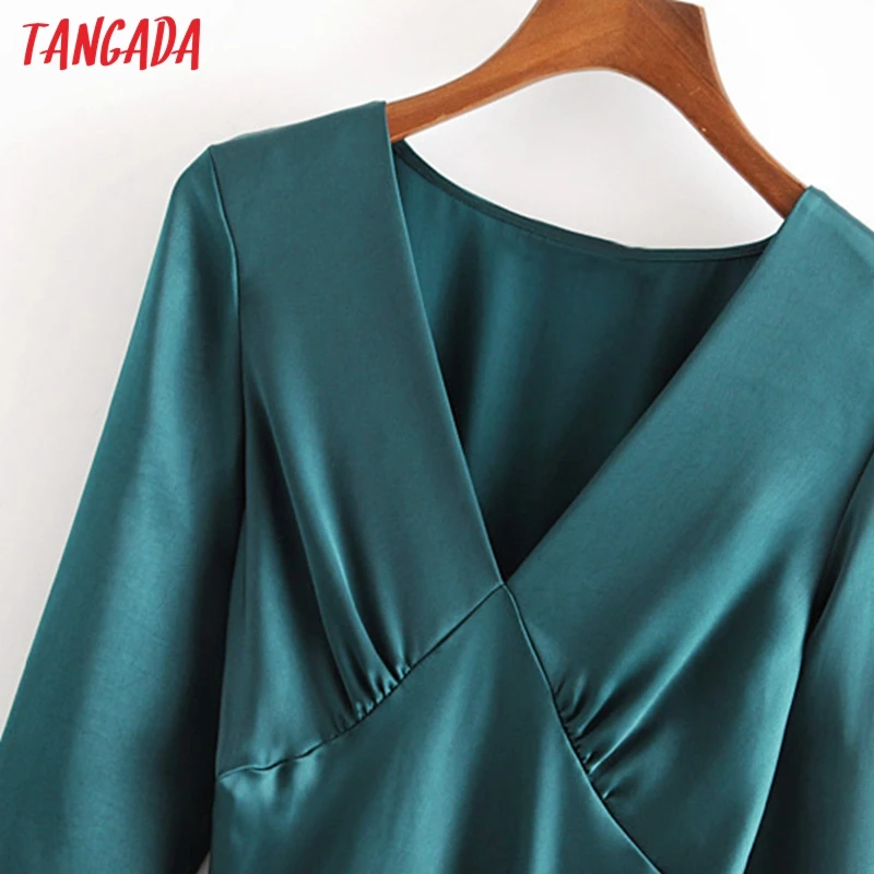 Tangada женское корейское однотонное платье с глубоким v-образным вырезом и длинным рукавом, плиссированные винтажные вечерние Женское Платье-миди vestidos 3H30