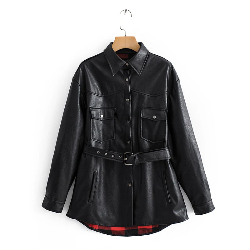 Black Stylish Pu Leather Jacket Women Turn Down Collar Pockets Fashion Black Coat Female Sashes Long Sleeve Streetwear Outwear Tops - Цвет: Black