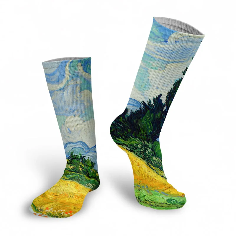 New Style Oil Painting Eiffel Tower Art Socks Men Women Pure Cotton Harajuku Retro Pastoral Scenery Happy Long Tube Funny Socks