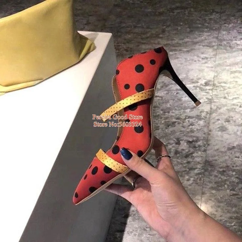 

Newest Polka Dot Stiletto Heels Pumps Slip On Buckle Strap High Heel Mules Black Red Sandals Cut-out Summer Wedding Party Shoes