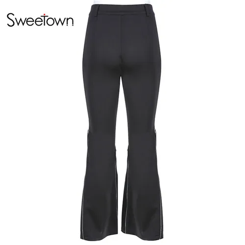 black Sweetown черные однотонные повседневные уличные расклешенные брюки женские на молнии Сплит высокая талия брюки осень базовые тонкие брюки новые - Цвет: black