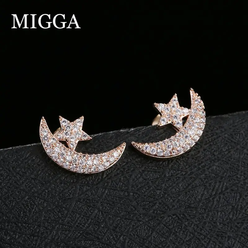 MIGGA, серьги-гвоздики с микро покрытием из кубического циркония, звезда, луна, розовое золото, женские серьги, подарок, ювелирное изделие