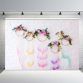 

Photography Backdrops 7x5FT White Bricks Wall Dream Catcher Flowers Floral Wreath Custom Photo Studio Background Backdrop Vinyl