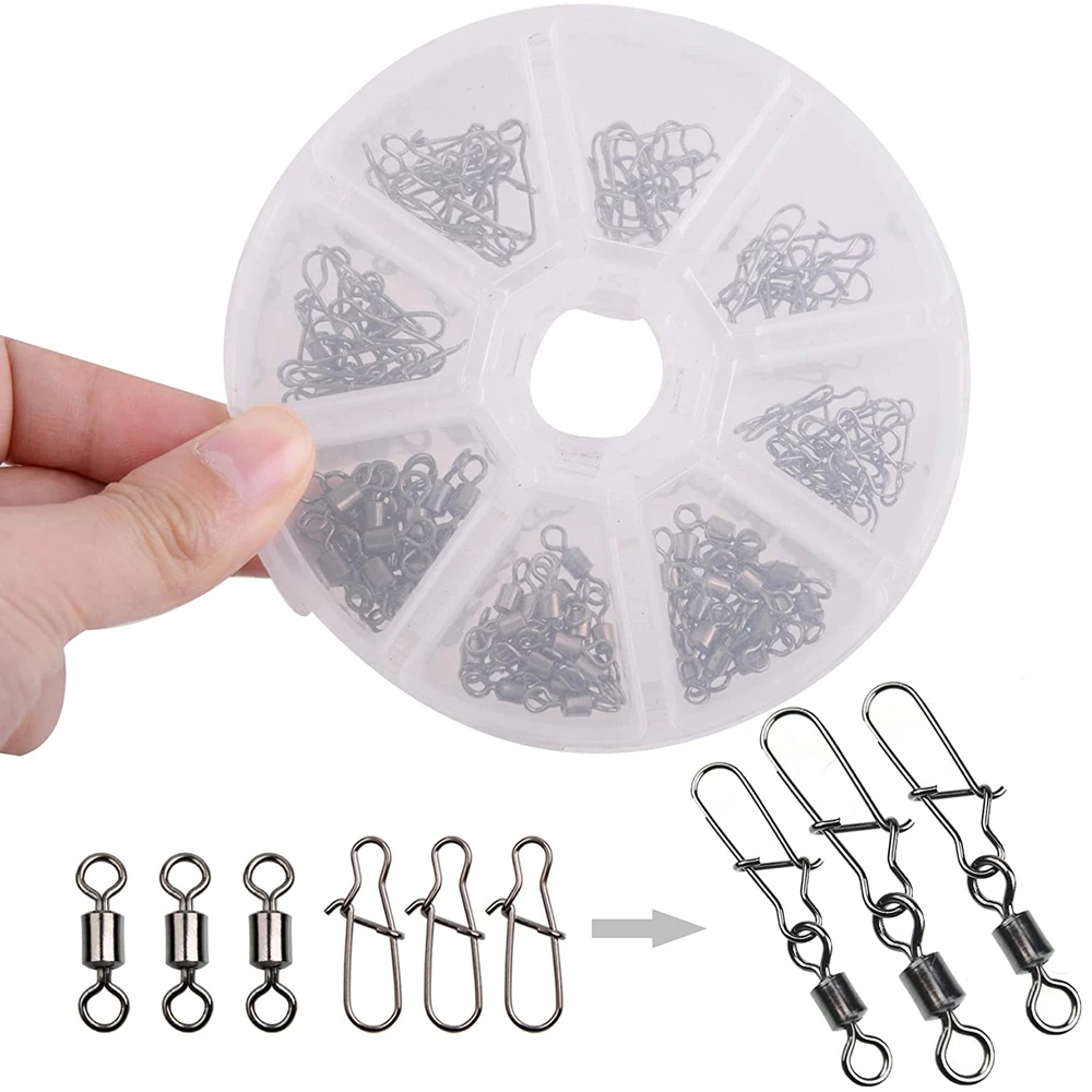 

120Pcs/Box Fishing Swivels Snaps Set Including Barrel Bearing Rolling Swivels Fast Clip Lock Fishing Connector Tool