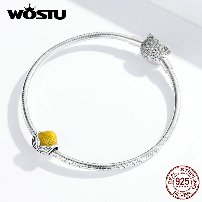 WOSTU, 925 пробы, серебро, милые бусины кукурузы, овощи, подходят к оригинальному браслету, желтые подвески, сделай сам, ожерелье, ювелирное изделие, FIC1411