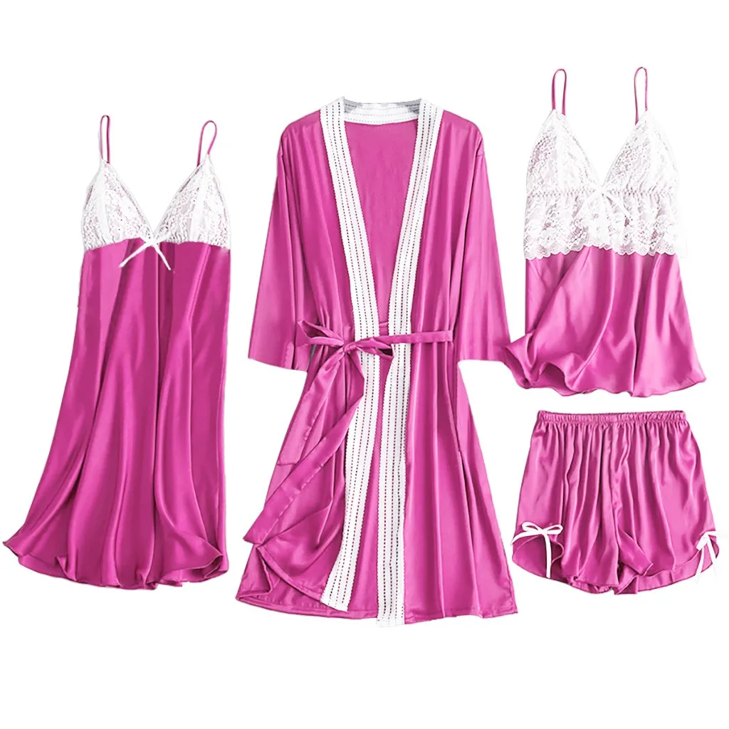 4 шт. женские пижамы Шелковый Цветочный атласный комплект кружевной пижамы камзол шорты с бантиком Ночная рубашка халат пижамы белье Ночная рубашка