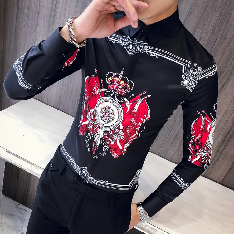Осень и зима новая британская Мужская рубашка с длинным рукавом с принтом Корейская приталенная рубашка 301a-1/cs12/p55