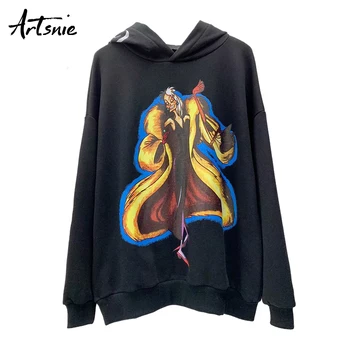 

Artsnie black casual cartoon print women sweatshirt hooded oversized long sleeve hoodies streetwear knitted spring sweatshirts