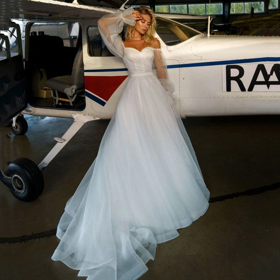 

Thinyfull Princess Bohemian Sweetheart Wedding Dresses A Line Long Puffy Sleeve Bridal Gown Tulle Floor Length Vestidos De Novia