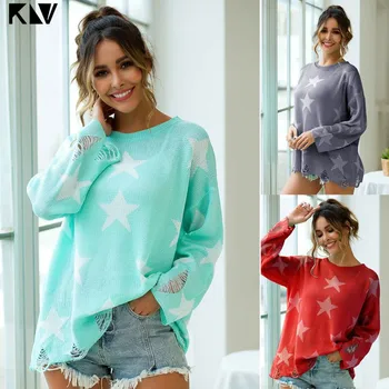 

Women Long Sleeve Round Neck Sweaters Five-Pointed Star Graphic Knit Loose Pullover Tops Ripped Distressed Hem Casual Jumper