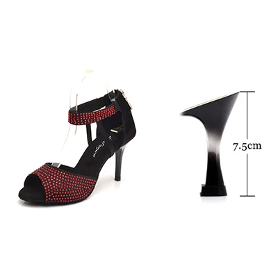 Ladingwu/Брендовая обувь для латинских танцев; блестящие стразы; обувь для сальсы; женская обувь для танцев из шелкового атласа; уникальная женская обувь для бальных танцев - Цвет: Red 7.5cm
