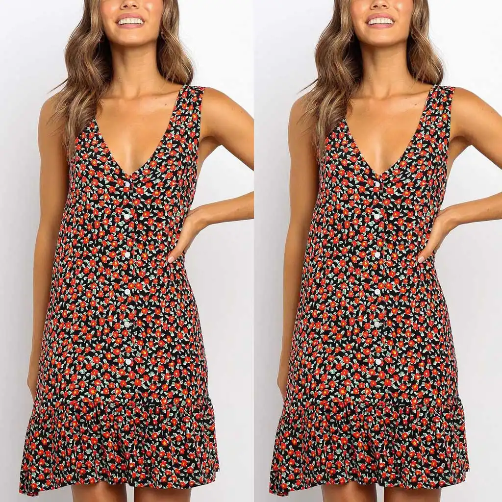Casual Abiti Da Spiaggia Per Le Donne 2020 Sexy Profondo Scollo A V Stampa Floreale Con Volant Vestito Da Estate Boho Senza Maniche Una Linea Di Partito Mini Vestito Aliexpress