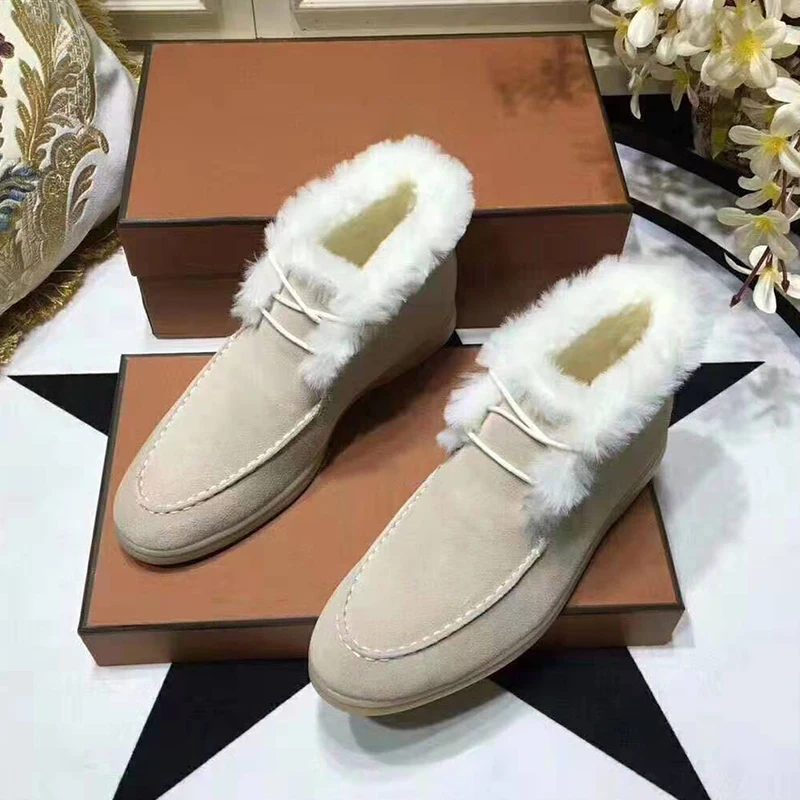 beige Новые Замшевые женские зимние ботинки телесного цвета с высоким берцем на шнуровке, короткие ботинки на плоской подошве Удобная шерстяная зимняя обувь открытая обувь серого и черного цвета - Color: beige