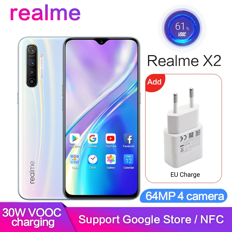 Realme X2 поддержка глобальной ПЗУ Google Play NFC 6 Гб 64 Гб 6," AMOLED Полный экран 64 мп 5 камер Восьмиядерный мобильный смартфон