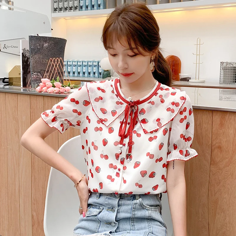 

Very Fairy Shirt 2020 Summer New Women's Sweet Temperament Printed Chiffon Shirt Short-sleeved Doll Collar Shirt Female Blusas