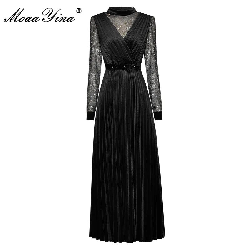

MoaaYina Fashion Designer dress Spring Women's Dress Stand collar Mesh Lurex Long sleeve Velvet lace-up Pleated Dresses