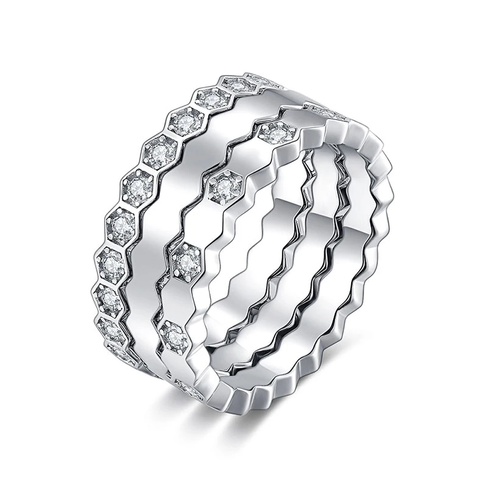 

TKJ Bee's Nest Stacking Ring Diamond-shaped Grid with Moissan Diamond Thin Ring S925 Silver Combination Set Rings Trend Style