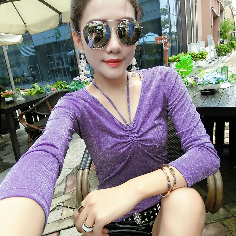 Purple tshirt Европейская Блестящая футболка, новинка, Осень-зима, женская рубашка с длинным рукавом, одноцветная, на шнуровке, топ, рубашка, Camiseta Mujer, джемпер T98515 - Цвет: Purple tshirt