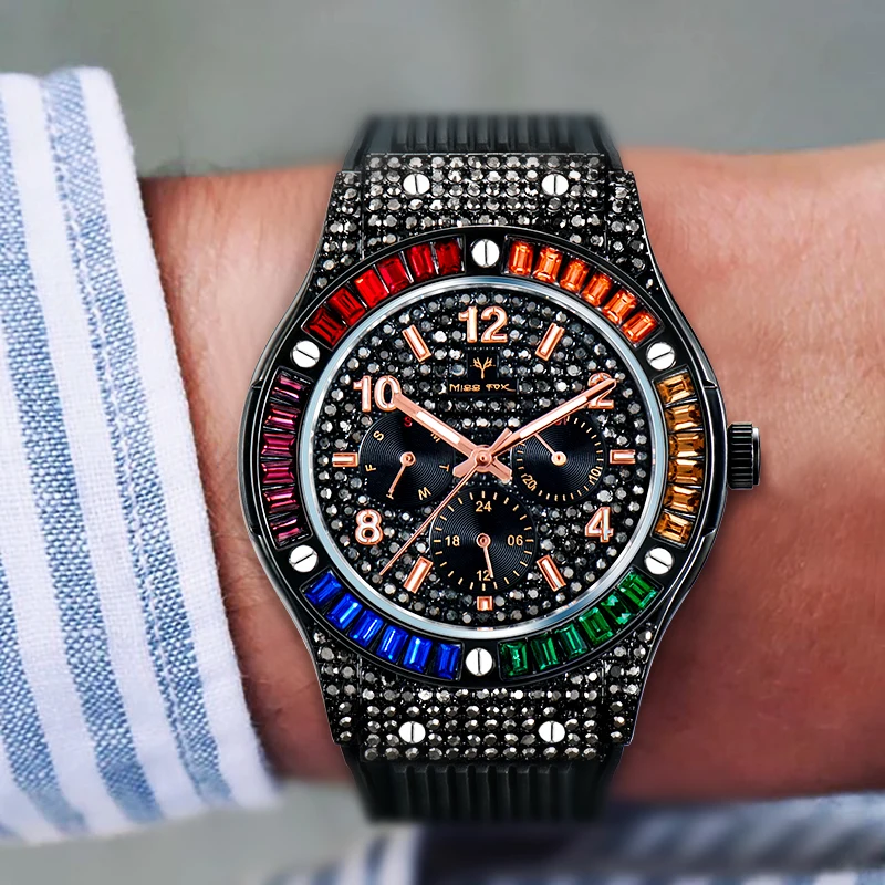 Black Watch For Men MISSFOX Colorful Diamond Ice Out Sport Luxury Quartz Watches Silicone Strap Streetstyle Dropshipping 2021 | Наручные