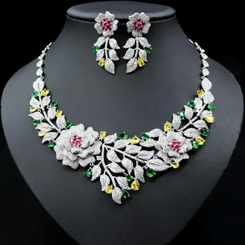 

2020 New fashion retro flowers CZ zircon wave necklace earring jewelry set wedding bridel banquet party dinner dressing jewelry