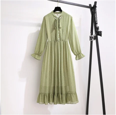 Платье женское шифоновое в горошек с длинным рукавом и оборками|Платья| |