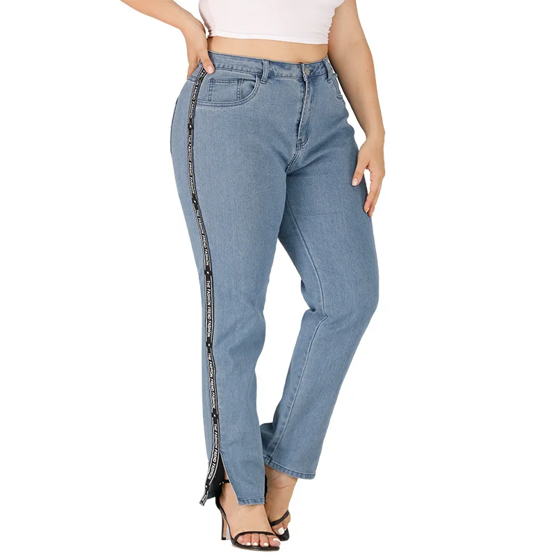 Женские джинсы размера плюс из денима в стиле пэчворк, свободные прямые брюки, женские джинсовые брюки с разрезом сбоку