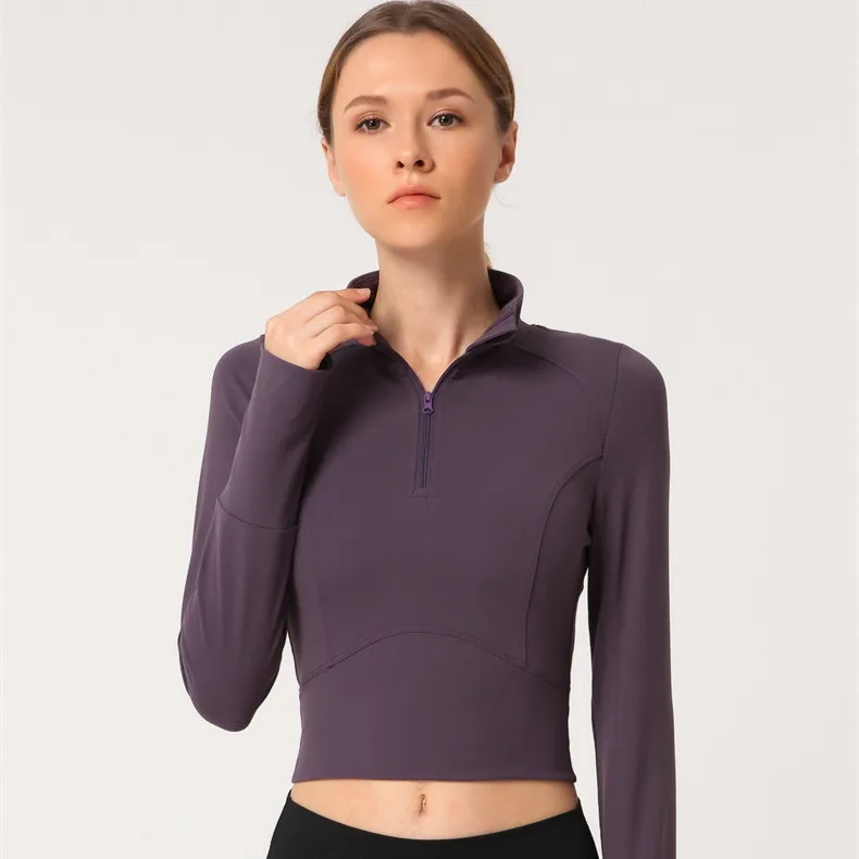 Женские спортивные рубашки на молнии с длинным рукавом для фитнеса и йоги с отверстиями для большого пальца - Цвет: YIGE1964 purple