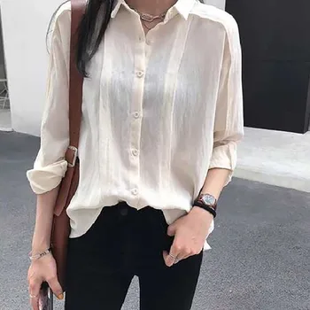 

Simple Women Blouse Vintage Solid Color Sweet Lapel Shirt Loose Single-breasted Long Sleeve Blouse Blusas Mujer De Moda