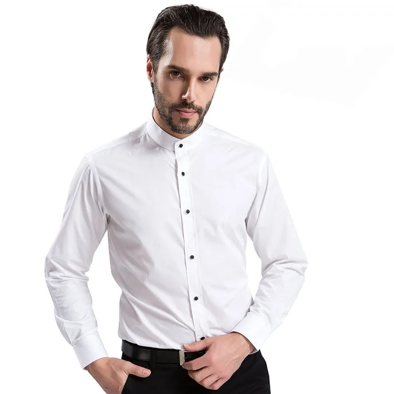 GRMO Men Casual Shirts Stand Collar Long Sleeve Print Button Dress Work Shirt
