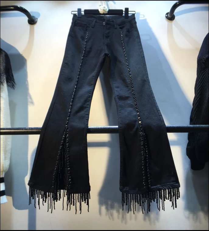 Осень новые тяжелые просверленные бусинки бисера высокой талией тонкие девять минут микро-Ram джинсы уличные джинсовые брюки женские джинсы - Цвет: Черный