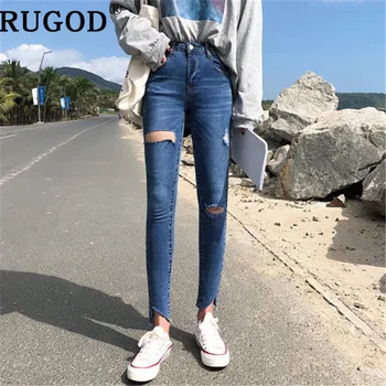 

RUGOD New fashion skinny jeans women casual ripped hole pencil pants 2020 spring summer high waist denim pants plus size