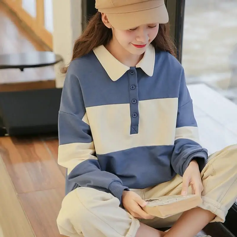 Hot Sale Fashion Spring Fall Women Color Block Patchwork Casual Pullovers Sweatshirts Korean Long Sleeve Sweatshirts