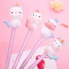 Гелевые ручки в виде русалки для письма с изображением животных из мультфильмов, черные чернила, силиконовая ручка с кошкой, подарок, школьные канцелярские принадлежности