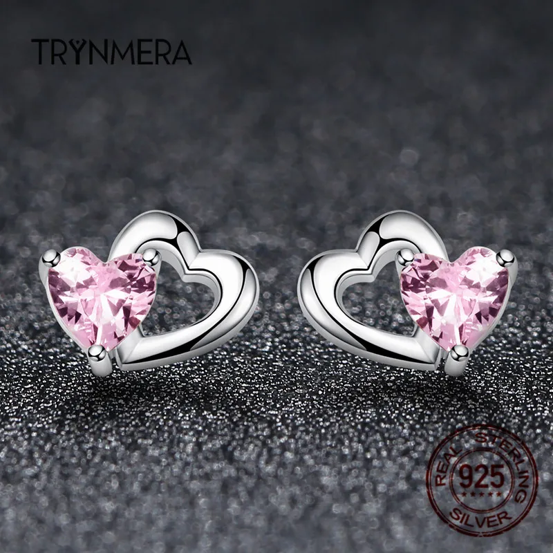 Женские сережки гвоздики Trynmera серьги из 925 пробы серебра с двойным сердцем и