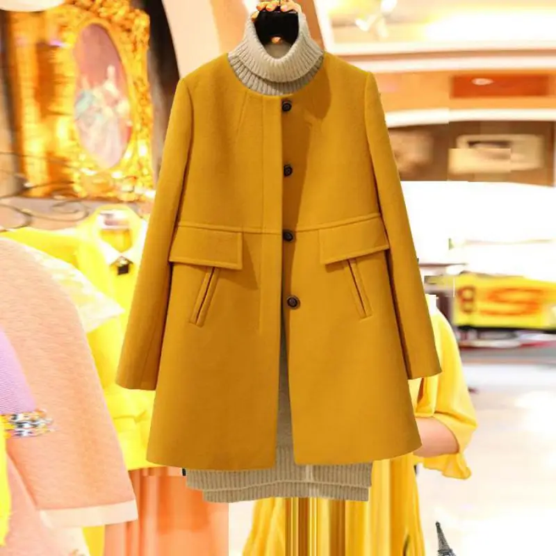 Fionto Новинка весна осень плюс размер шерстяное пальто женское свободное A-aline с длинным рукавом o-образным вырезом средней длины черное желтое корейское пальто