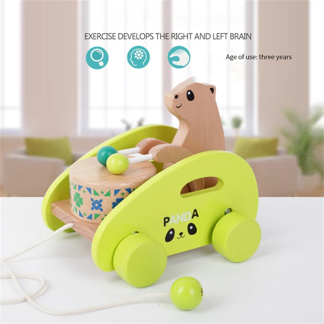Wooden Baby Toddler Toy Puppy Cartoon Animal Trailer Toddler Baby Traction Hand-drawn String Pull Rope Push Children Drag Toy 3