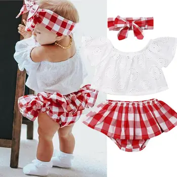 

Newborn Baby Girl clothes Off Shoulder pullover short sleeve Tops bow plaid Headband Geometry Ruffle shorts 3pc Outfit