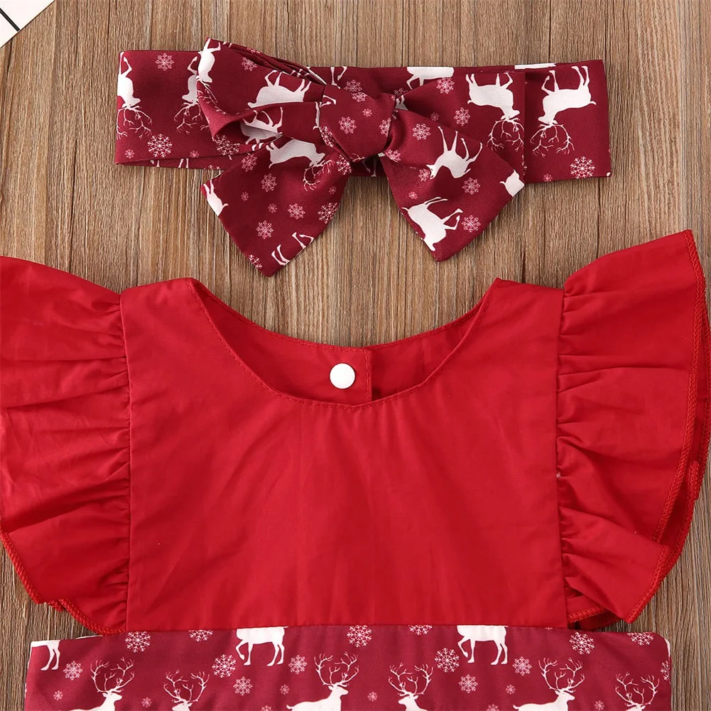 Рождественский Комбинезон для маленьких девочек; платье с оборками на рукавах с принтом оленя; комбинезон; одежда