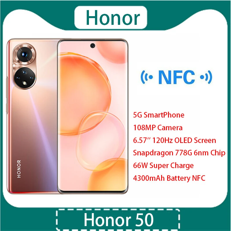 New Honor 50 5G SmartPhone 108MP Camera 6.57'' 120Hz OLED Screen Snapdragon 778G 6nm Chip 66W Super Charge 4300mAh Battery NFC 8gb ram