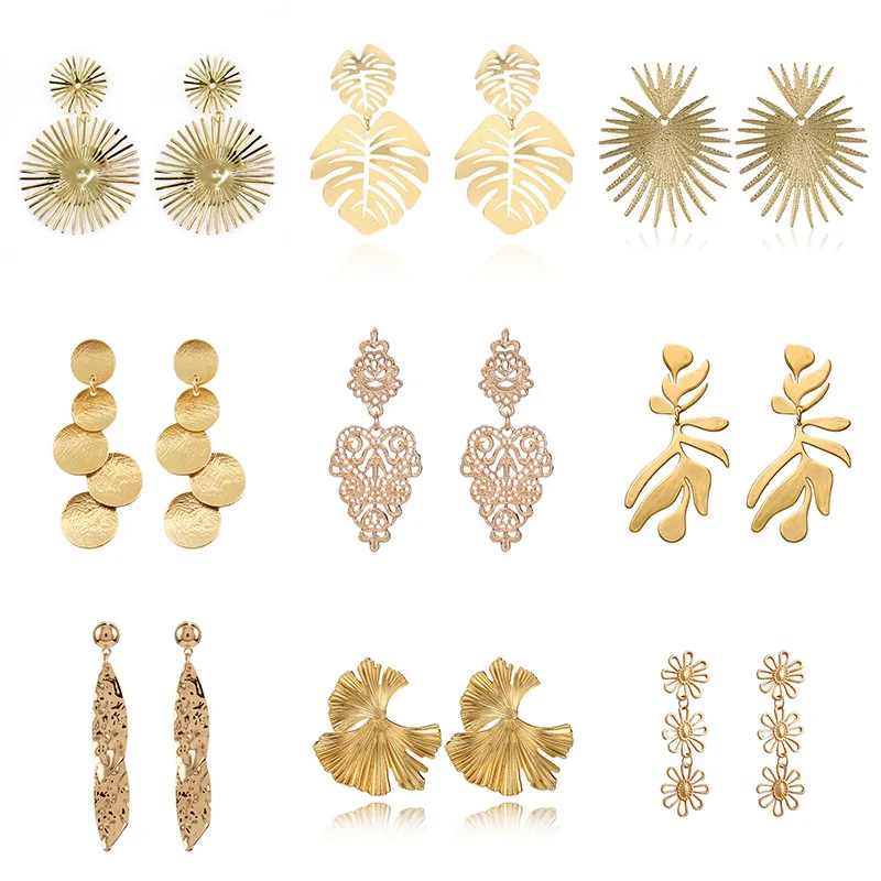 Metall-Hängeohrringe für Frauen Goldfarben Geometrische Statement-Tropfenohrringe Blatt-Anhänger Damenohrringe Pendientes Mujer
