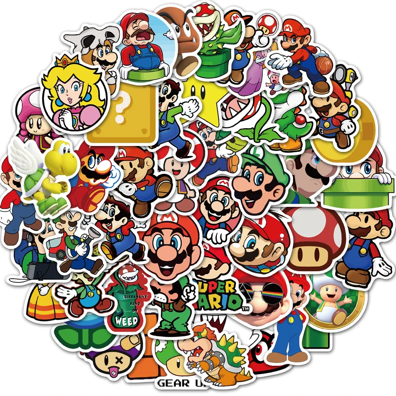 Pegatinas de decoración Diy de Super Mario, personaje de dibujos animados, para portátil, equipaje, casco, taza de agua, frigorífico, guitarra, monopatín, 10/25/50 Uds.