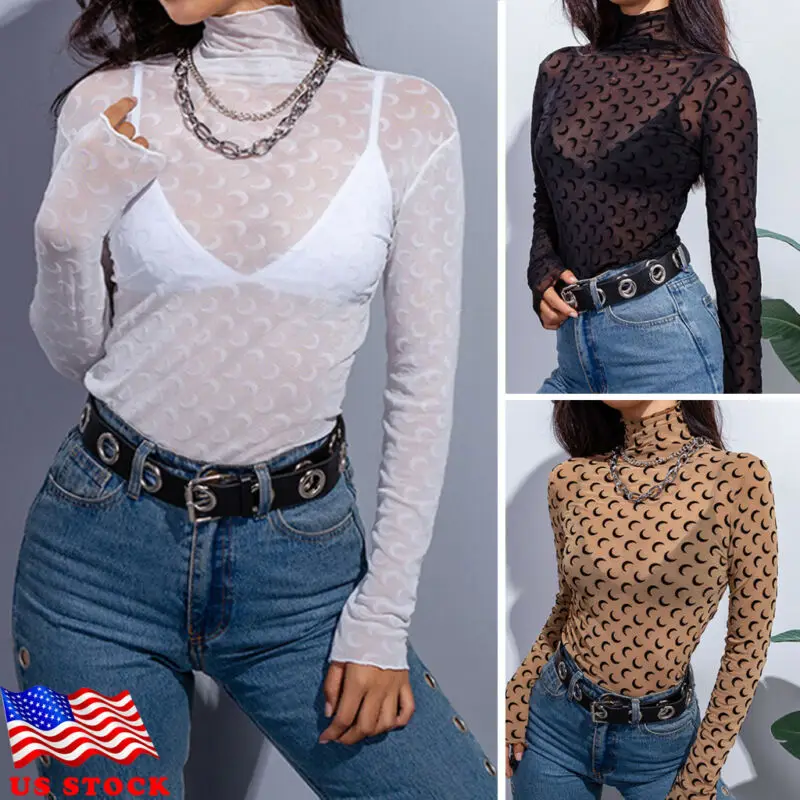 

Women Long Sleeve See Through Mesh Fishnet Crop Bodysuit Top T-Shirt Blouse Bikini Cover Up