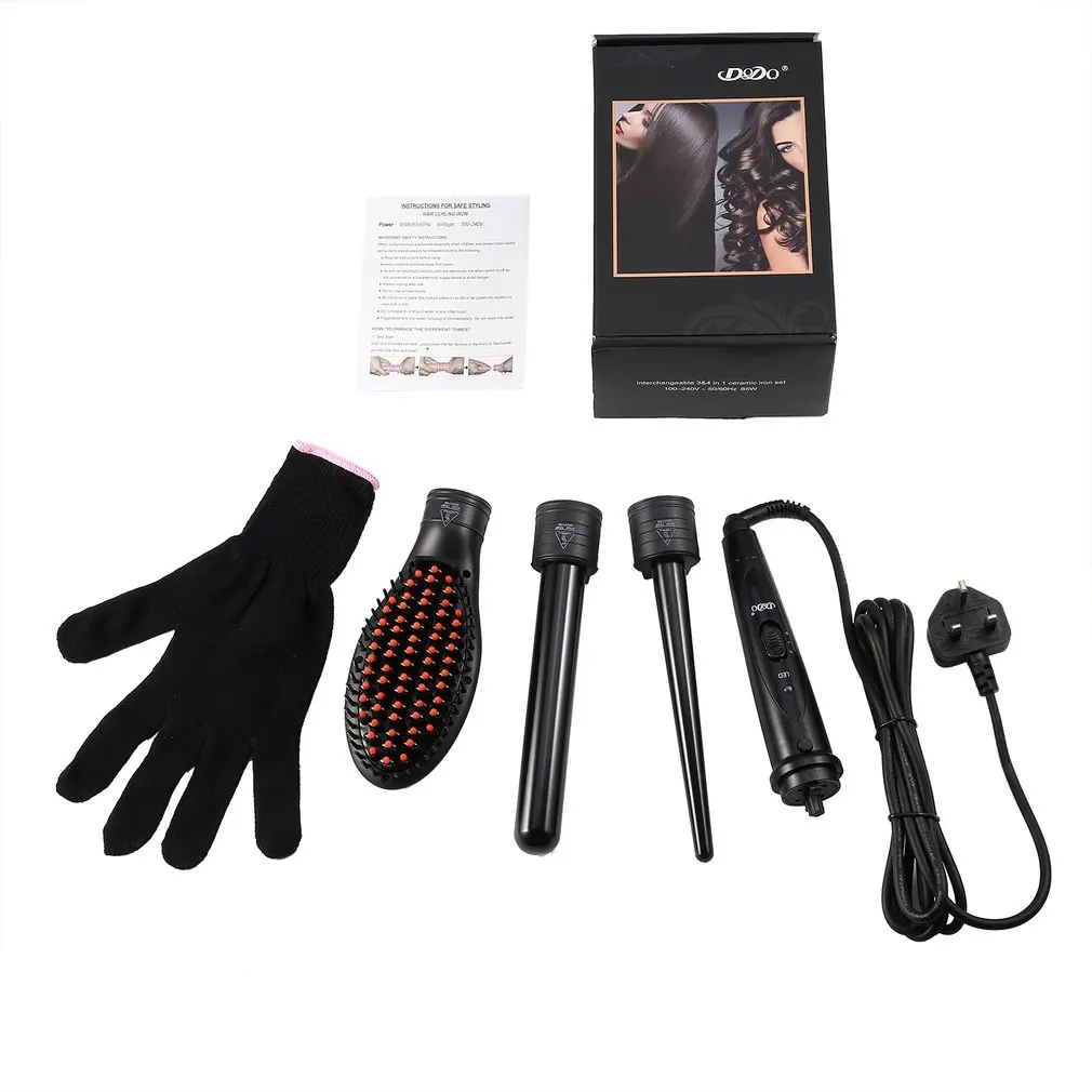 

Hair Curler 3 in 1 Curling Ceramic Iron Set with 2 Interchangeable Barrels and 1 Hair Straightener Brush PTC Heating