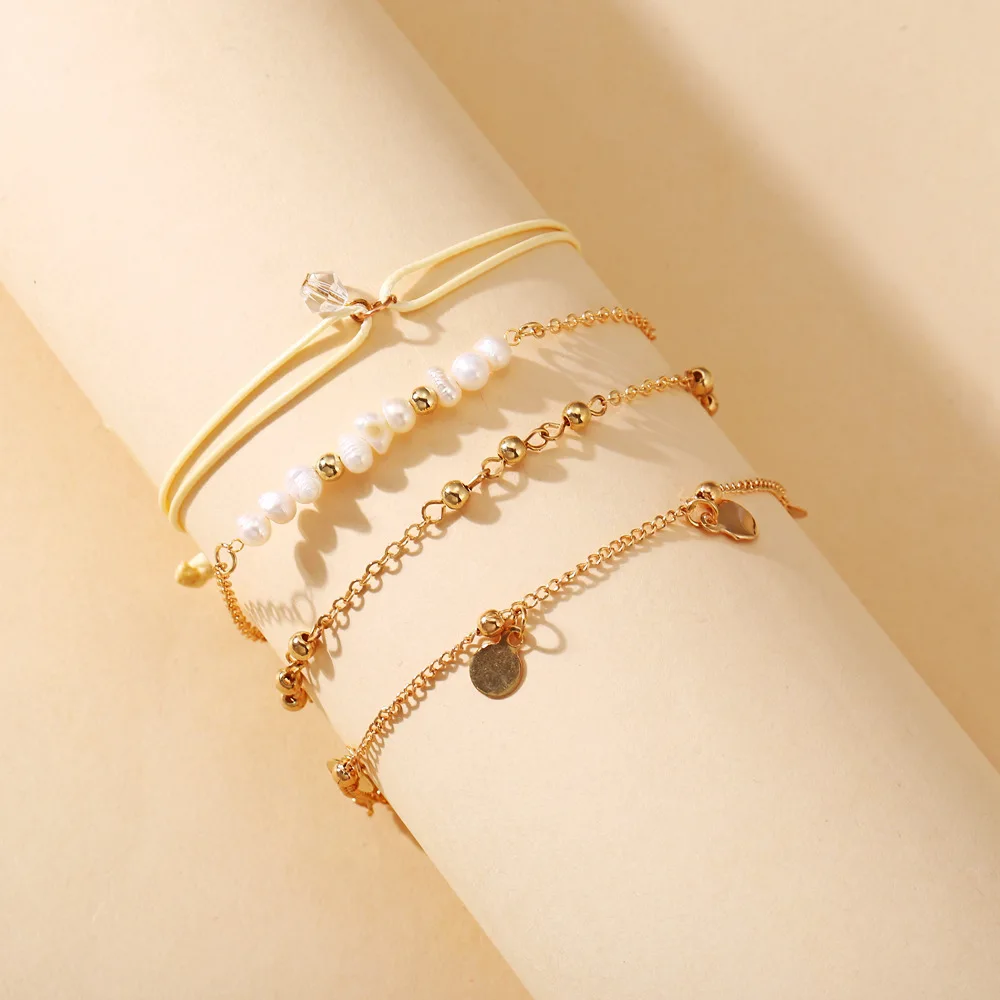 

4PCS/Set Korea Sweet Pearl Crystal Round Bead Bracelet Round Sheet Simple Braided Rope Chain Bangle Jewelry Girl