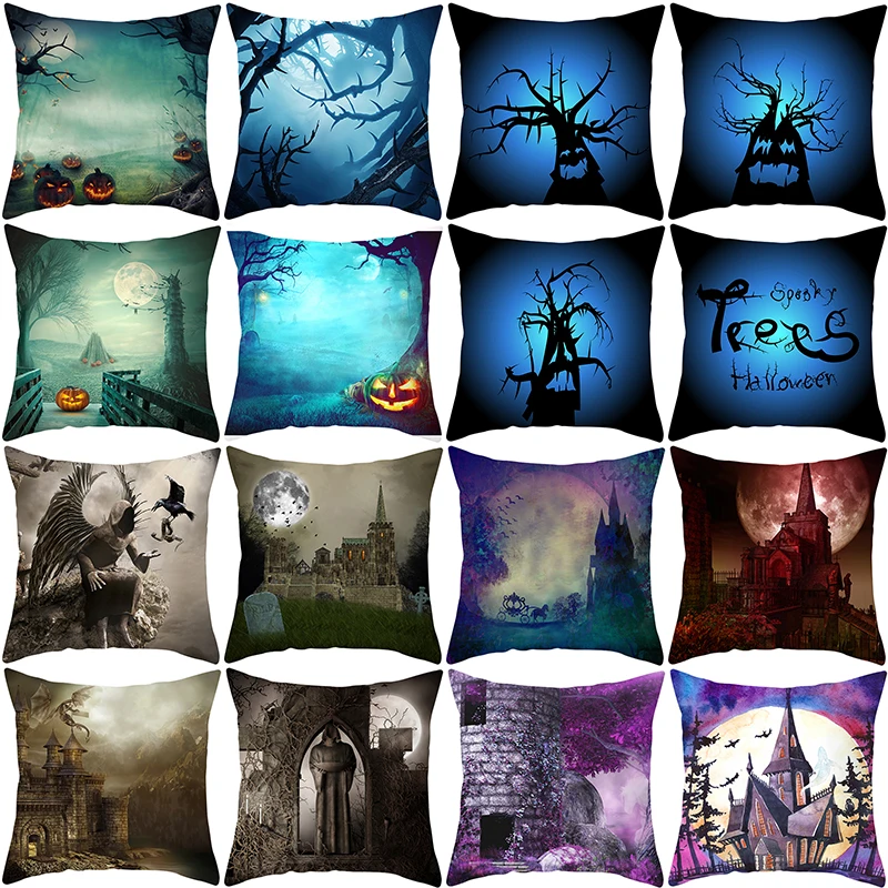 Halloween Theme Cushion Cover Castle Ghost Printed Throw Pillow Case Polyester Peachskin Sofa Office Decor Pillowcover | Дом и сад