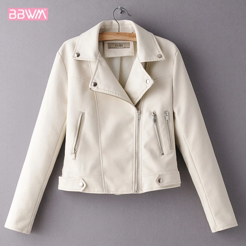 

PU Beige Long-sleeved Lapel Simple Basic Locomotive Women's Jacket 2019 Autumn New Slim Zipper Chic Female Coat Red Black Top